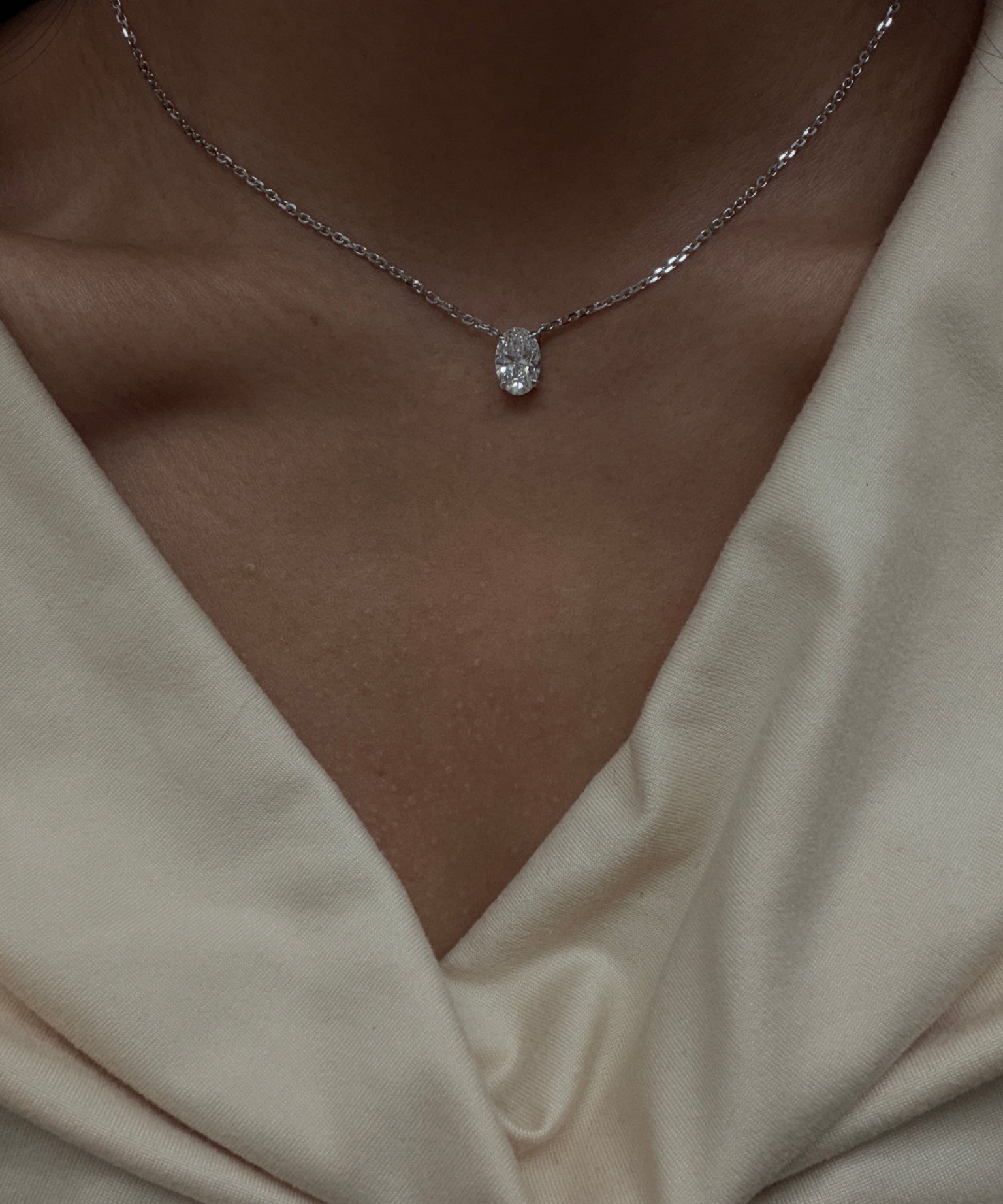 Oval Solitaire Pendant 2CT worn on model