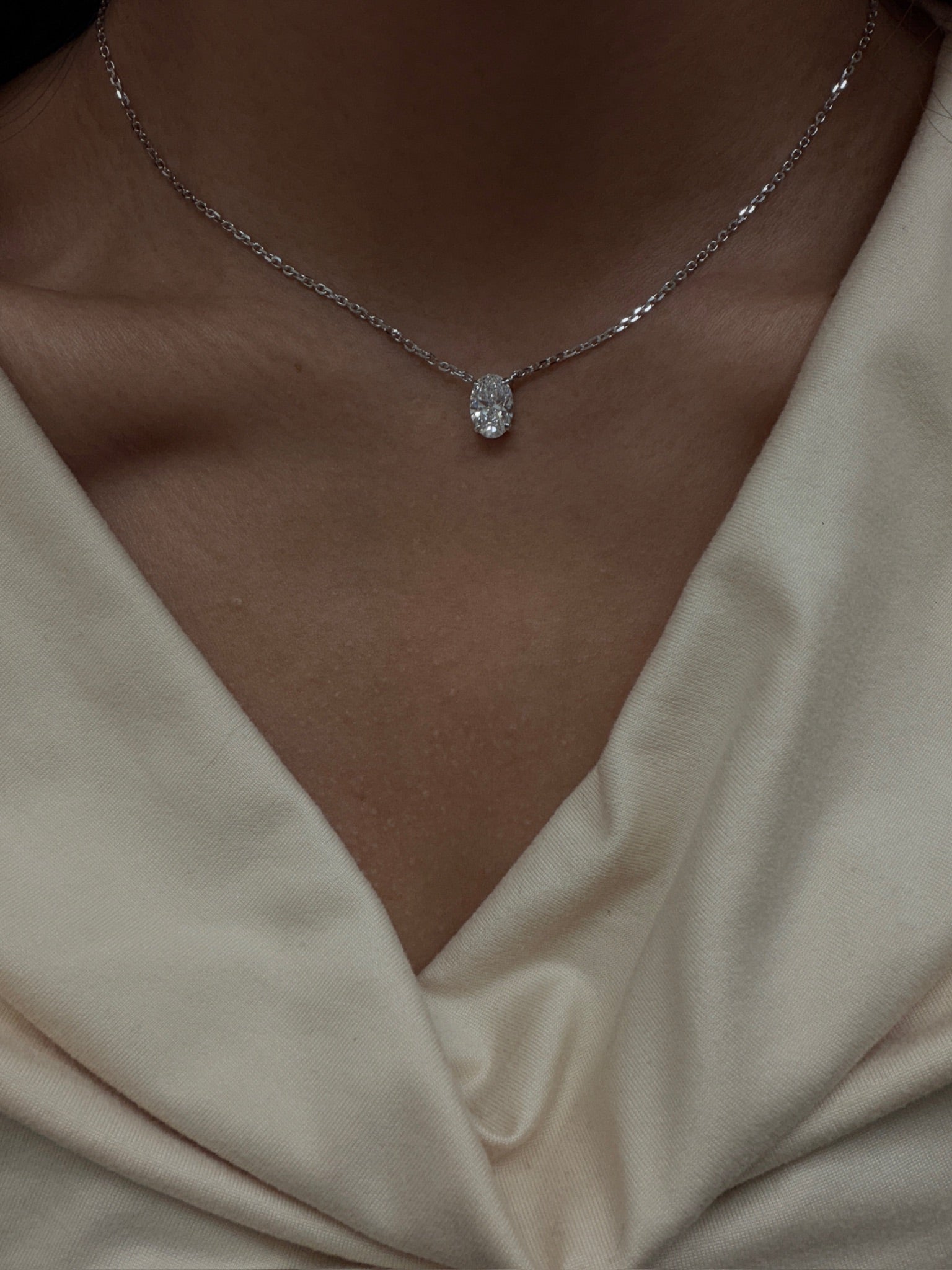Oval Solitaire Pendant 2CT worn on model