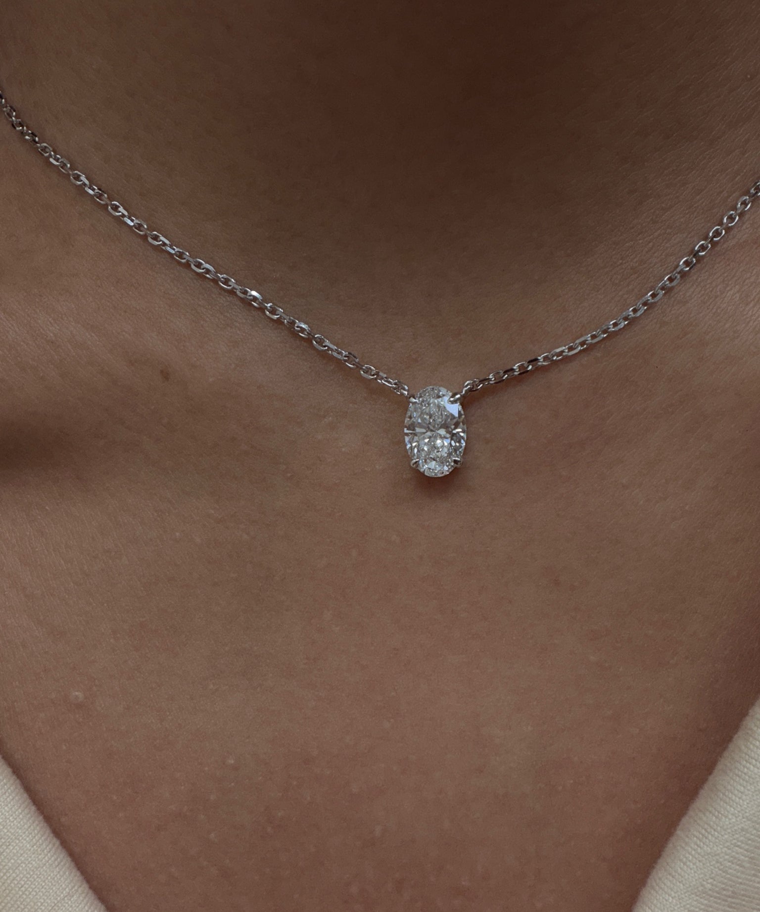 Oval Solitaire Pendant 2CT close-up on model
