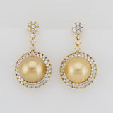 Golden South Sea Pearl Drop Earrings Lab Grown Diamond Halo 14K Yellow Gold
