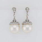 White South Sea Pearl Drop Earrings Lab Grown Diamond 14K Yellow Gold