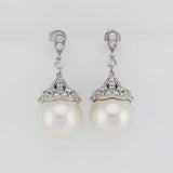 White South Sea Pearl Drop Earrings Lab Grown Diamond 14K Yellow Gold