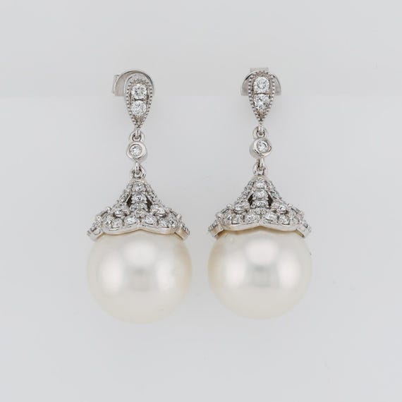 White South Sea Pearl Drop Earrings Lab Grown Diamond 14K Yellow Gold