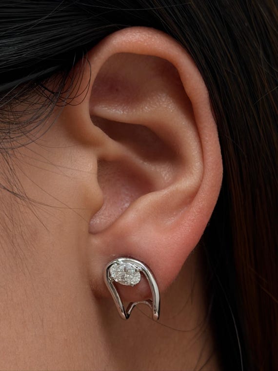 Lab Grown Diamond Huggie Earrings, Oval 0.79 ct 9K White Gold