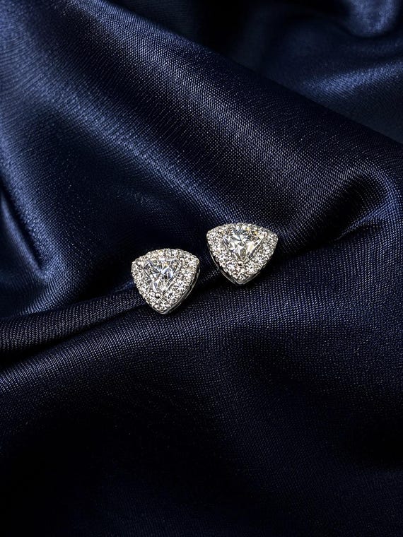 Lab Grown Diamond Halo Stud Earrings Trillion 0.59 ct 14K White Gold