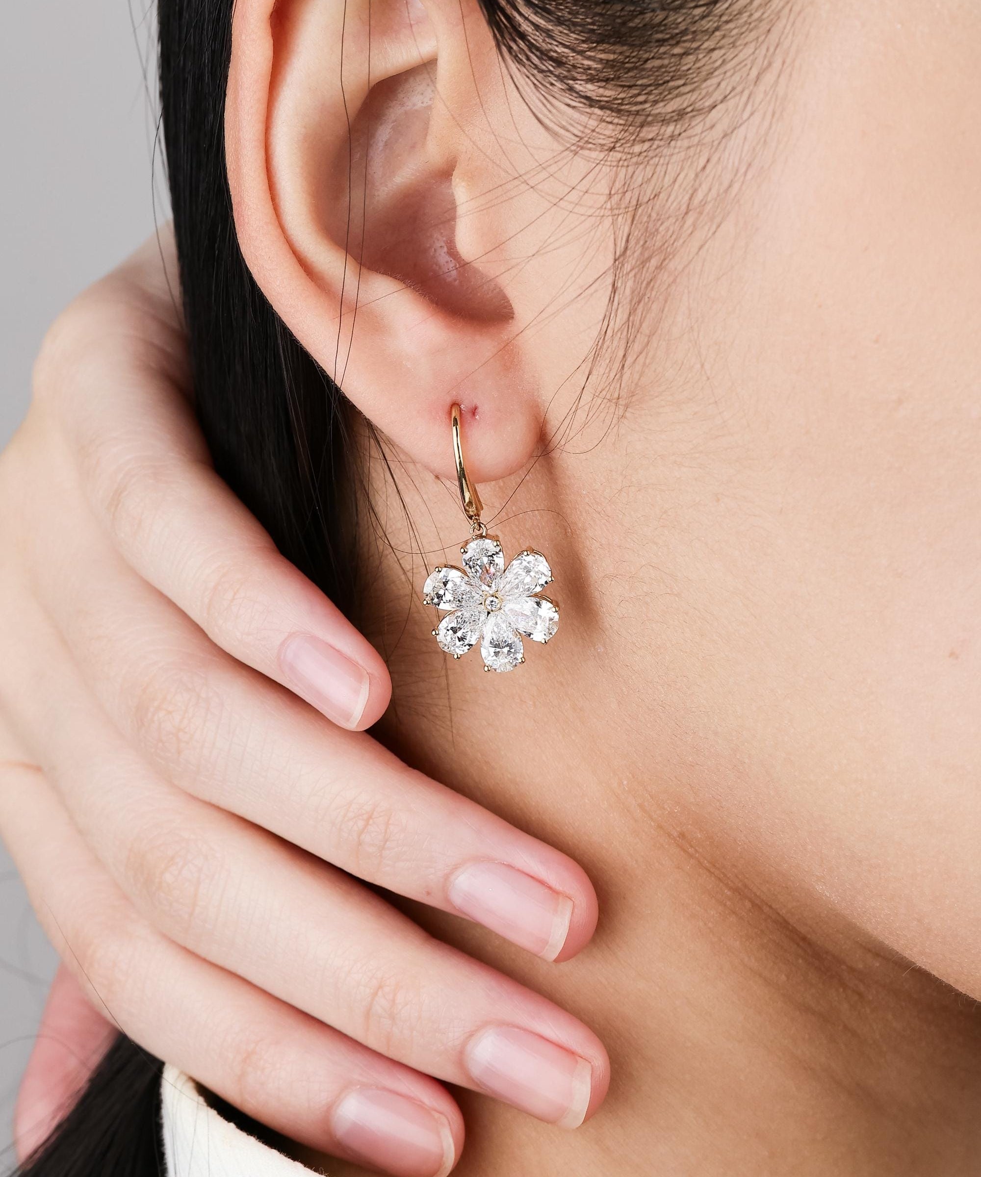 Lab Grown Diamond Flower Earrings Pear Petal Drops 5.20 ct 14K Yellow Gold