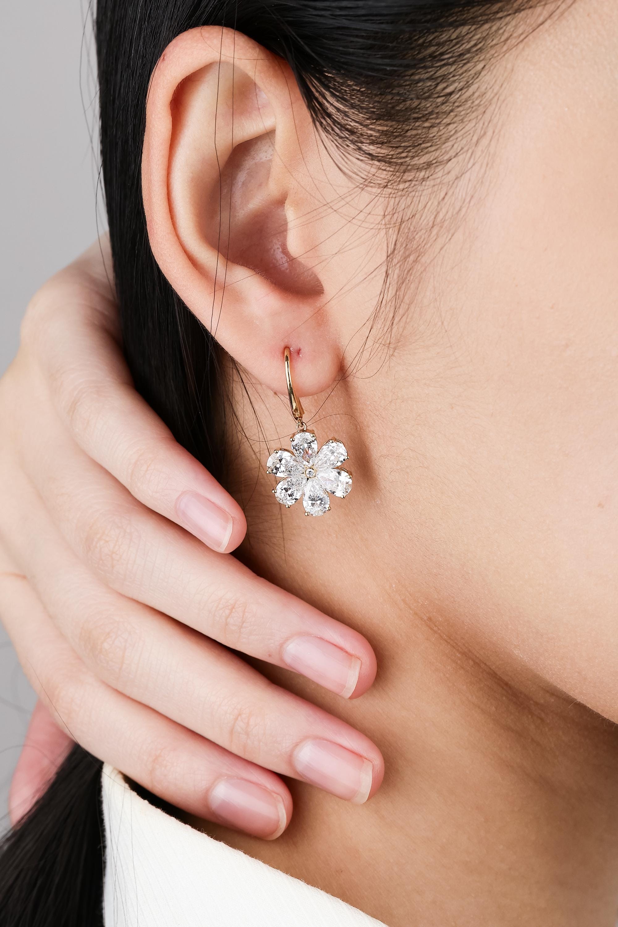 Lab Grown Diamond Flower Earrings Pear Petal Drops 5.20 ct 14K Yellow Gold
