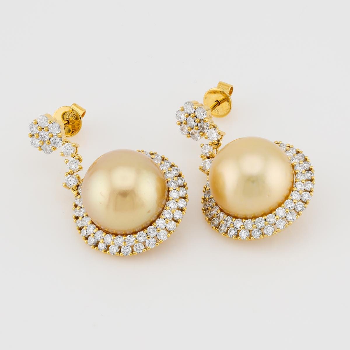 Golden South Sea Pearl Drop Earrings Lab Grown Diamond Halo 14K Yellow Gold