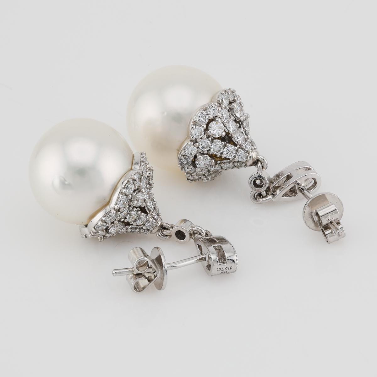 White South Sea Pearl Drop Earrings Lab Grown Diamond 14K Yellow Gold