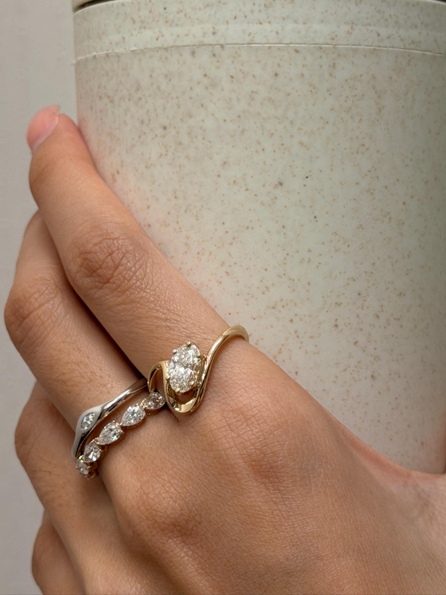 1.05 ct Oval Lab Grown Diamond Ring 9K Yellow Gold Wave Band