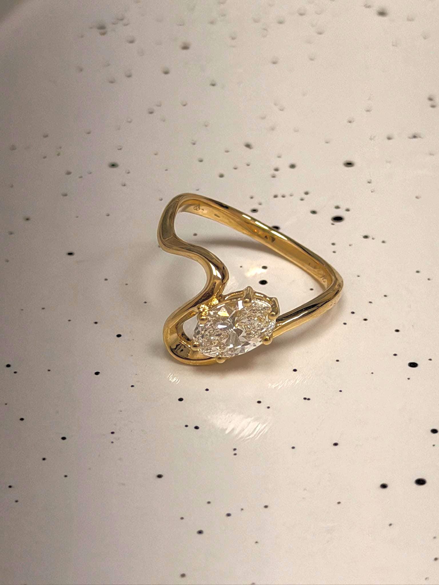 1.05 ct Oval Lab Grown Diamond Ring 9K Yellow Gold Wave Band